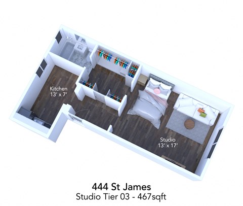 Floor plan for studio, 1 bath, 568 sqft